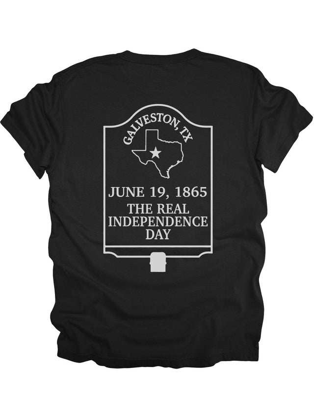 Black Juneteenth shirt with white sunburst and “1865” on front; Galveston, TX “The Real Independence Day” design on the back in white.
