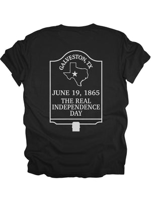 Black Juneteenth shirt with white sunburst and “1865” on front; Galveston, TX “The Real Independence Day” design on the back in white.