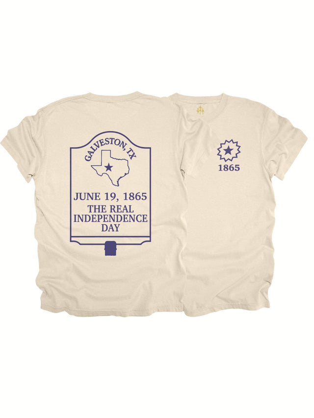 Front and back of cream Juneteenth shirt featuring a blue "1865" sunburst on the chest and a bold back design that reads "Galveston, TX – June 19, 1865 – The Real Independence Day" styled like a historical marker.