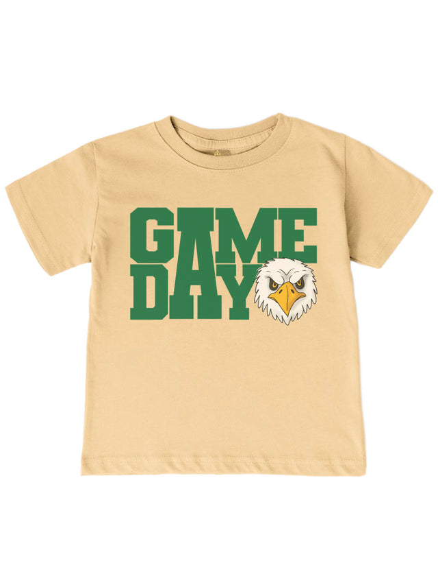 Kids Philadelphia Game Day football shirt in latte featuring varsity lettering and an eagle graphic for young Philly football fans