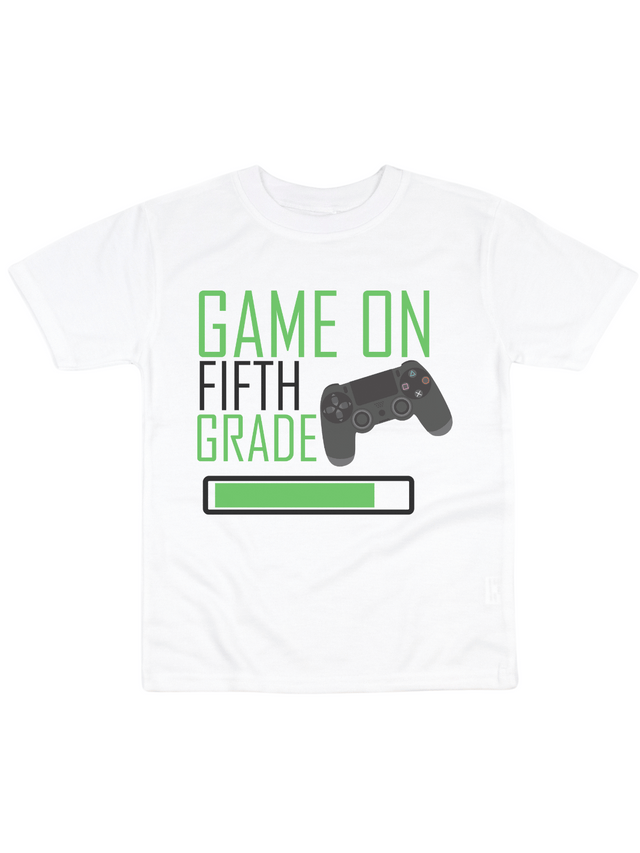 Game On Fifth Grade Shirt in White – Gaming Themed Back to School Shirt