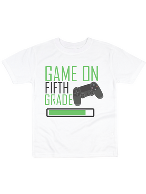 Game On Fifth Grade Shirt in White – Gaming Themed Back to School Shirt