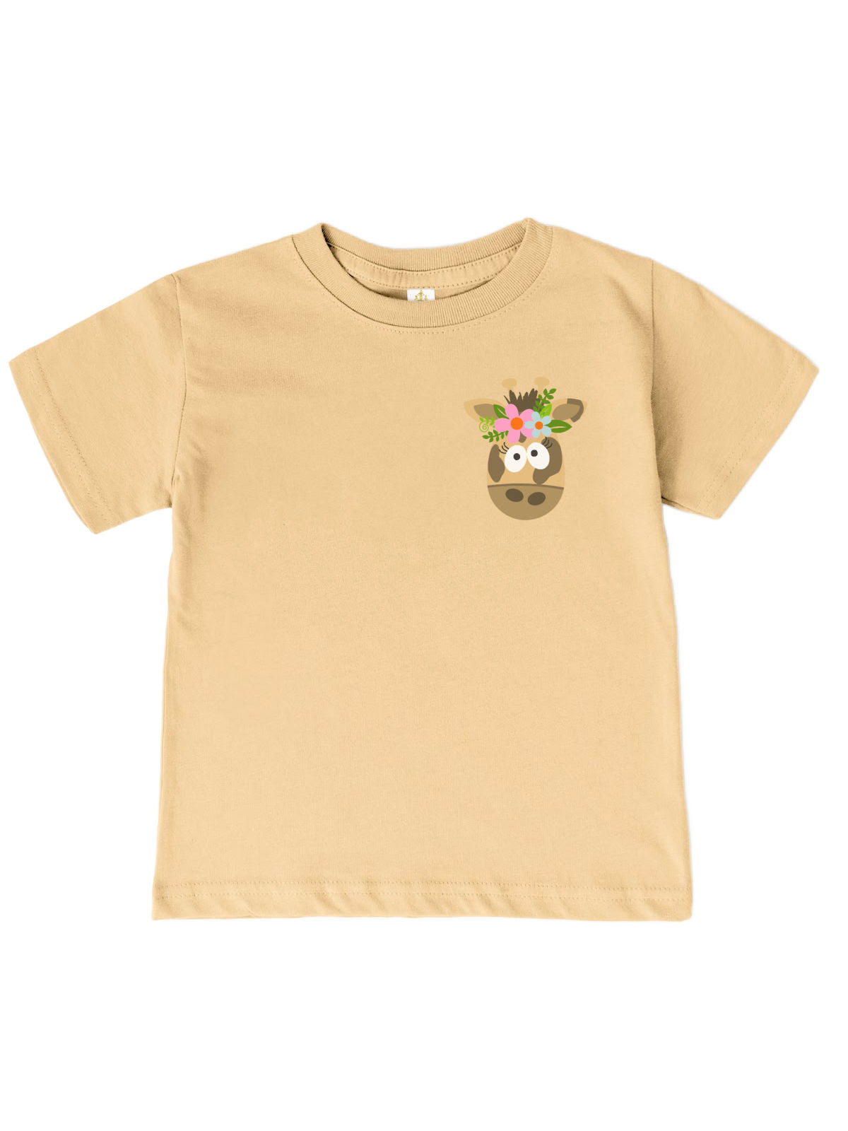 Latte kids t-shirt with a cute giraffe face wearing a pink and green flower crown – animal safari kids shirt 