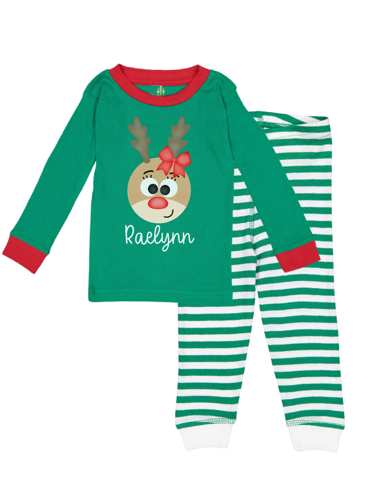 Kids personalized red top and stripe bottoms Christmas pajama set