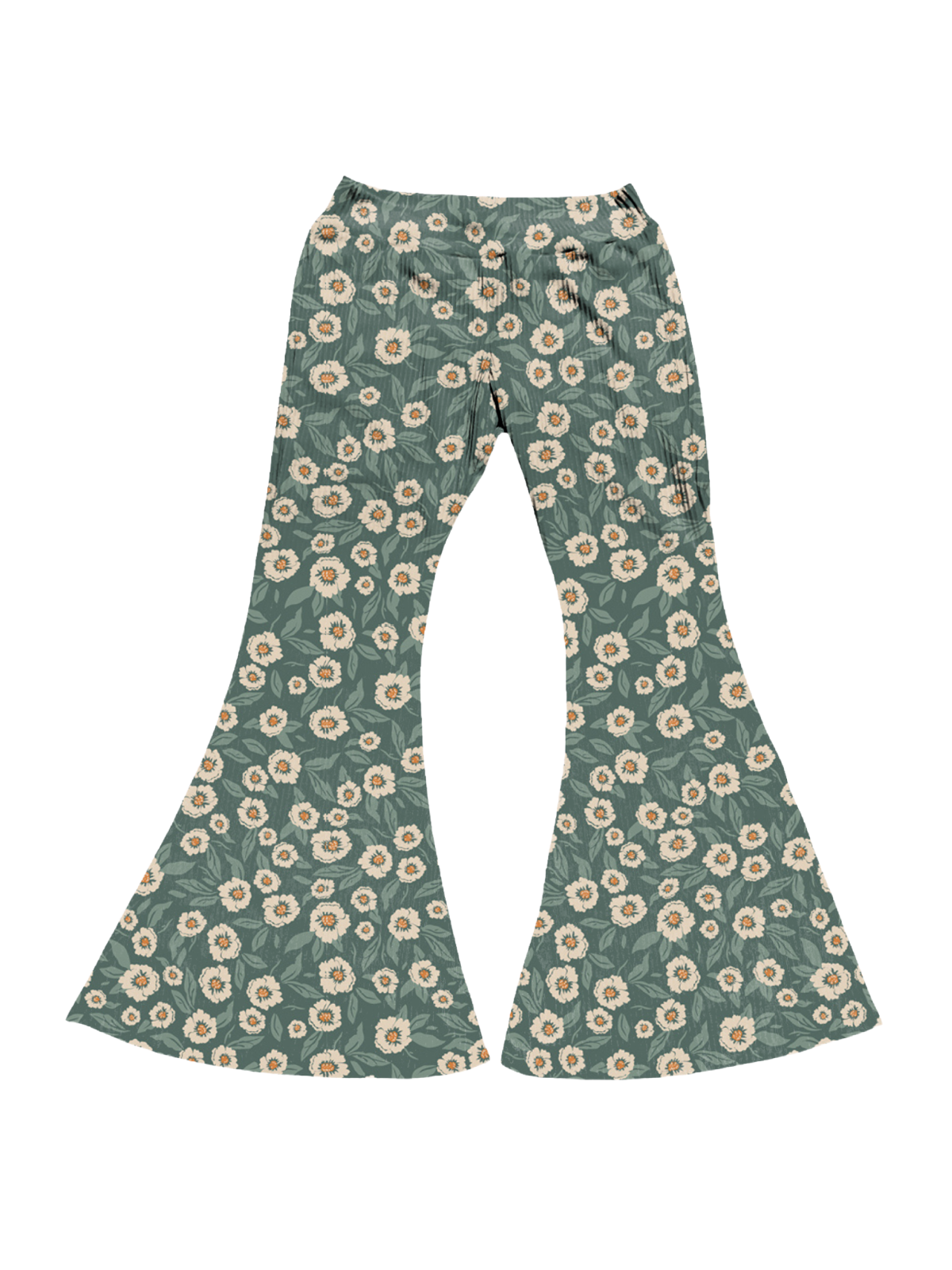 Girls Fall Bell Bottoms in Green Floral Forest Print