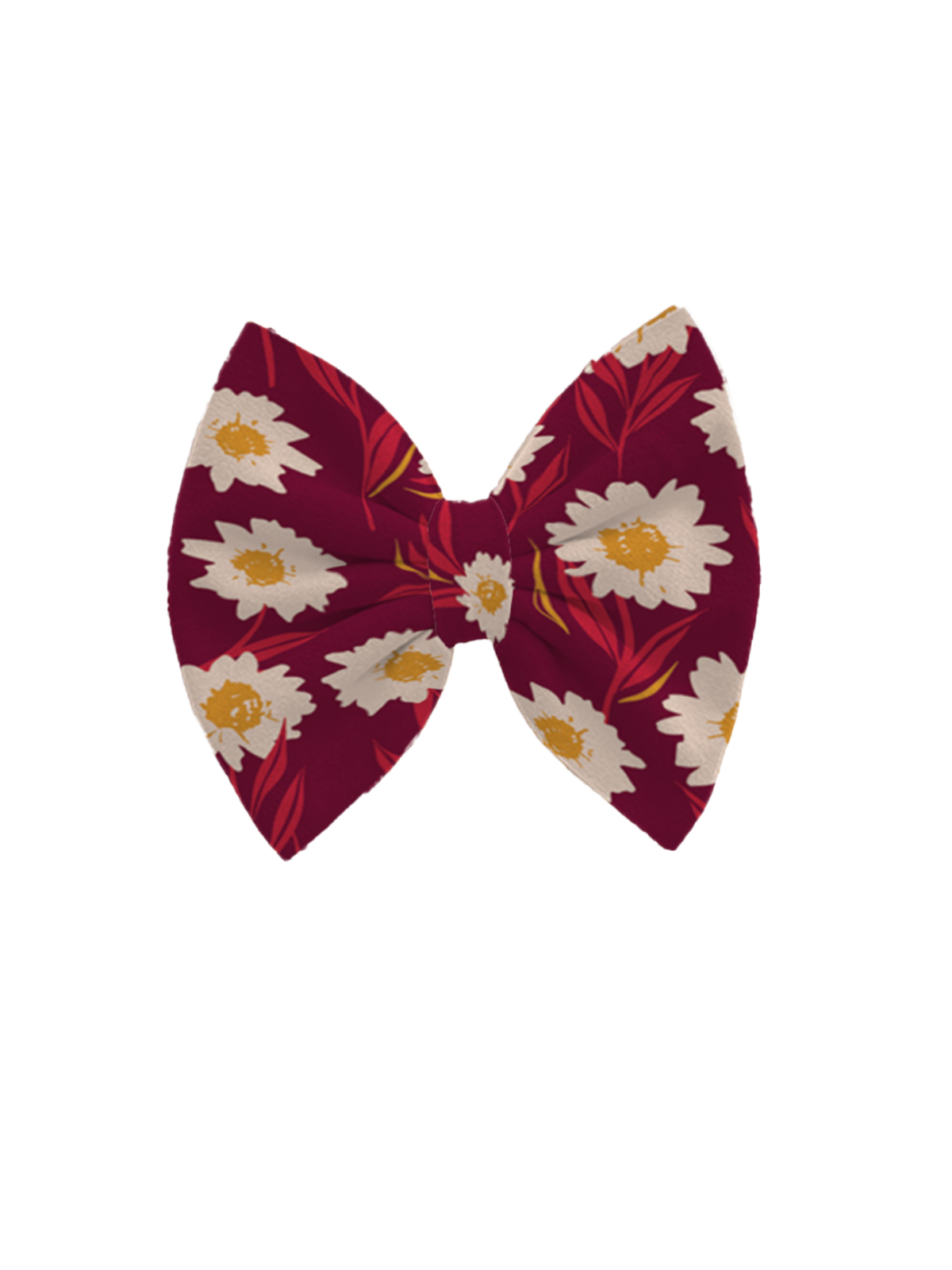 Girls Fall Hair Bow in Deep Red Fabric with Bright Daisies