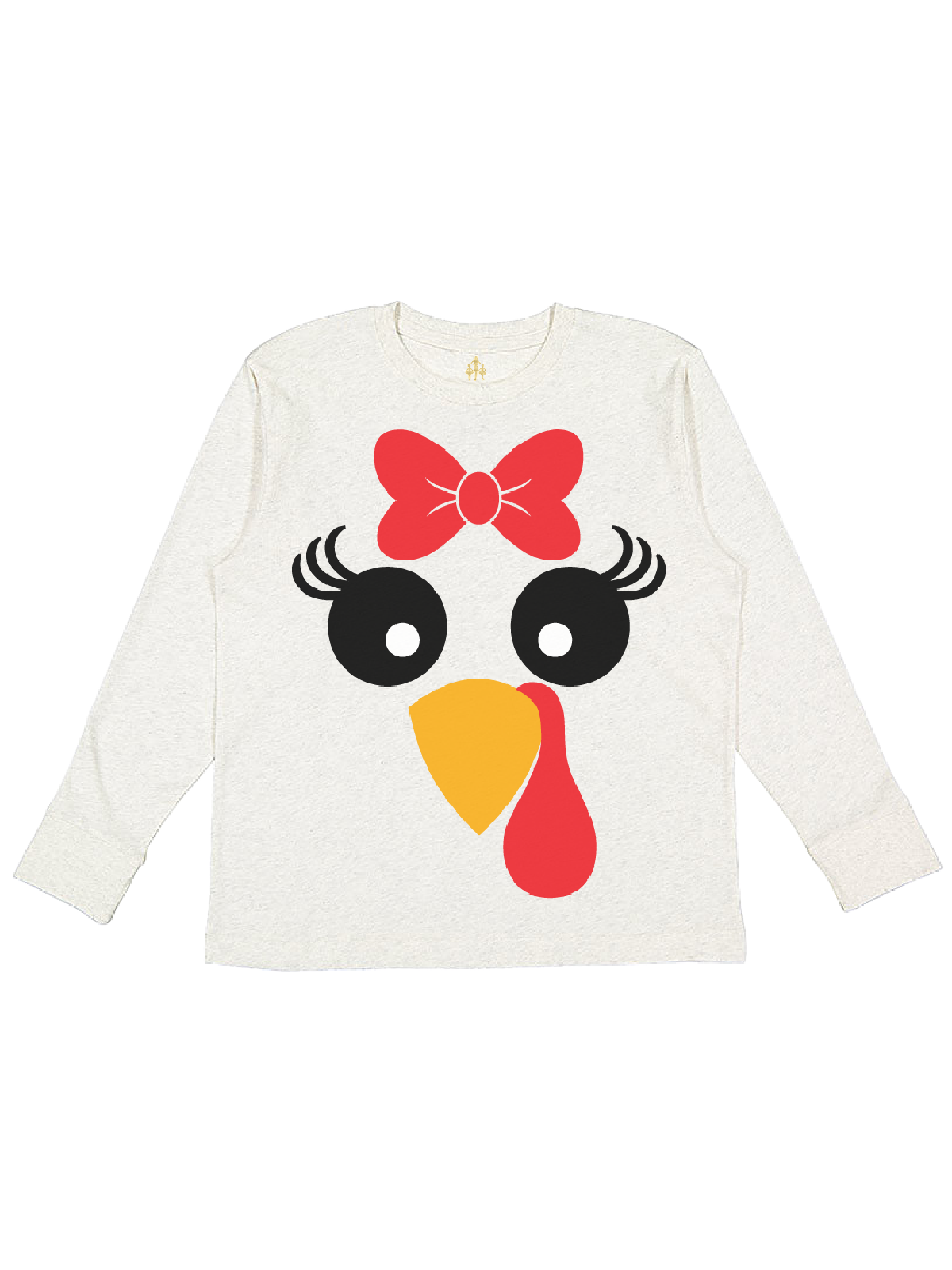 Girly Turkey Face Kids Long Sleeve Thanksgiving Day Shirt in Natural Heather