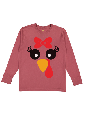 Girly Turkey Face Kids Long Sleeve Thanksgiving Day Shirt in Rouge Red