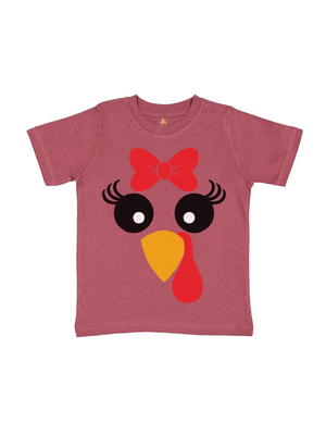 Girly Turkey Face Thanksgiving Kids Fall Shirt in Rouge Red