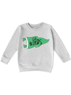 A light heather gray crewneck sweatshirt featuring a green pennant flag graphic on the chest with the text 'GO BIRDS' written in black.