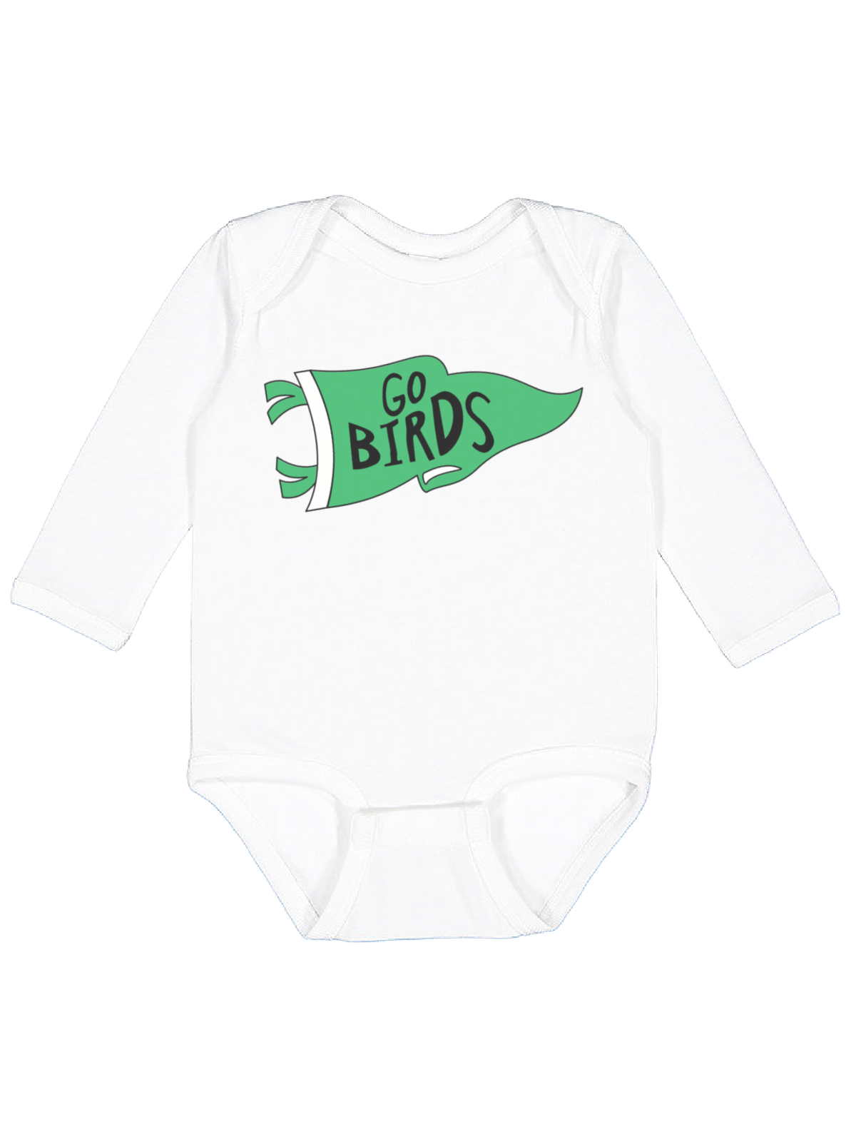 A white long-sleeve baby bodysuit featuring a green pennant flag graphic on the chest with the text 'GO BIRDS' in black.