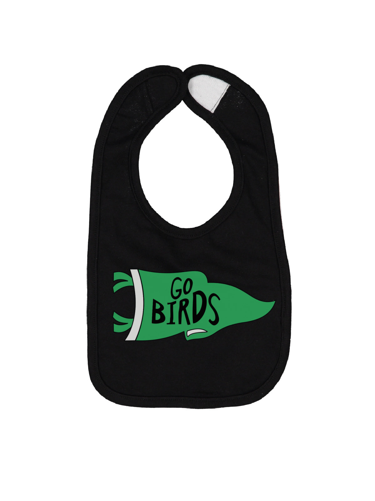 A black baby bib featuring a green pennant graphic with the text 'GO BIRDS' in black, set against a plain white background.