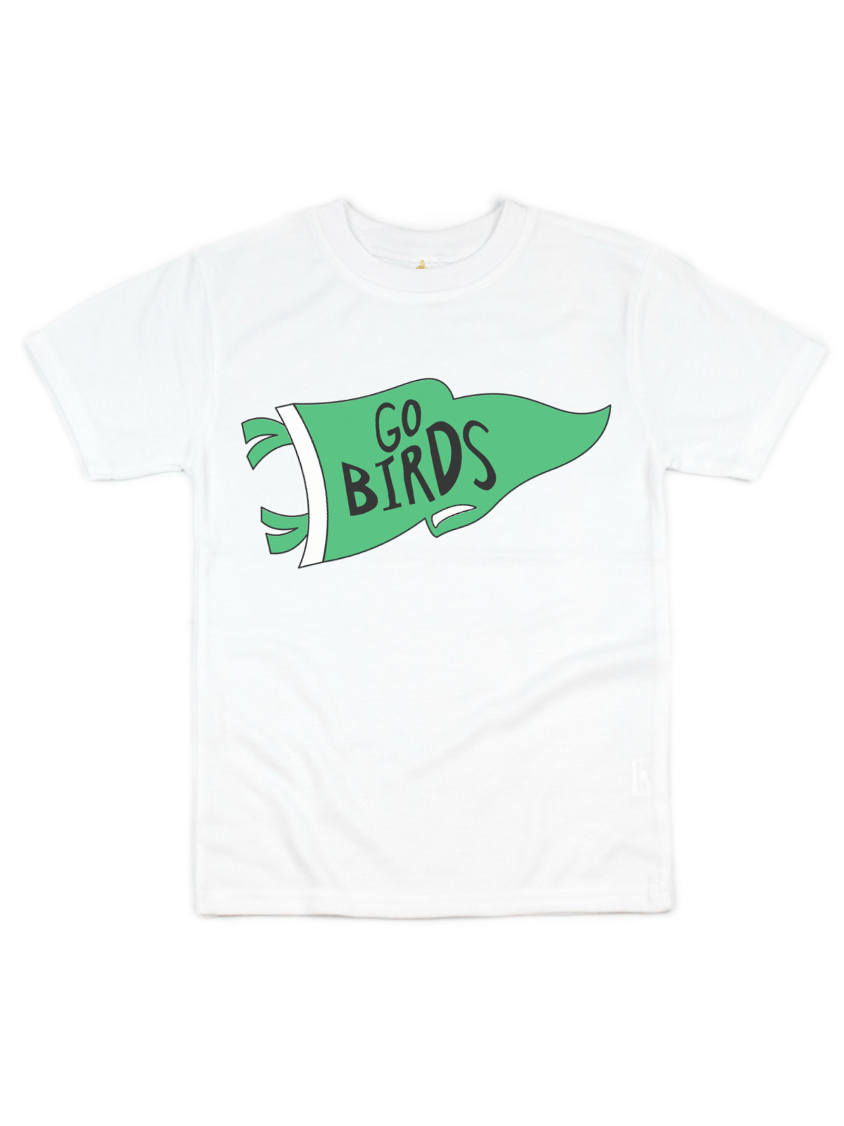 A white short-sleeve crewneck t-shirt featuring a green pennant graphic on the chest with the text 'GO BIRDS' in black.