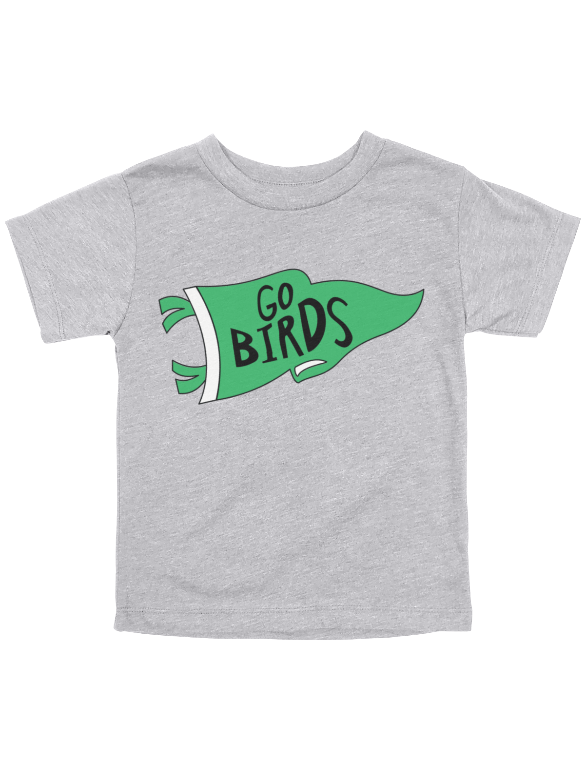 A white short-sleeve crewneck t-shirt featuring a green pennant graphic on the chest with the text 'GO BIRDS' in black.