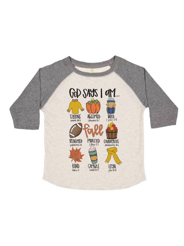 gray and natural kids raglan style Thanksgiving shirt that reads God says I am strong accepted bold redeemed protected courageous kind capable loyal