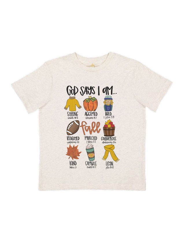 Short sleeve natural kids Thanksgiving shirt that says God says I am strong accepted bold redeemed protected courageous kind capable loyal