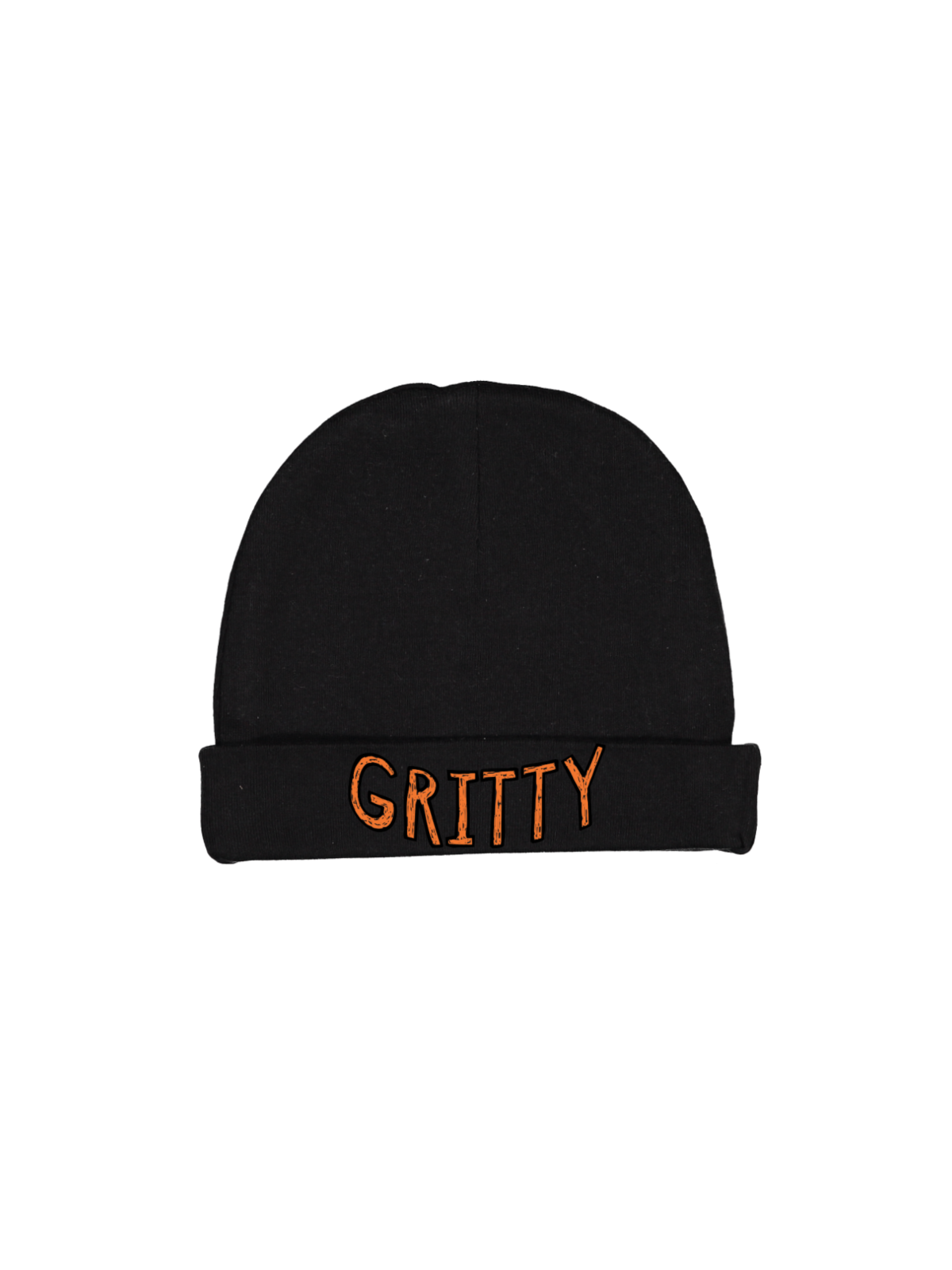 A black knit beanie with a folded cuff featuring the word 'GRITTY' embroidered in orange across the front, shown on a plain white background.