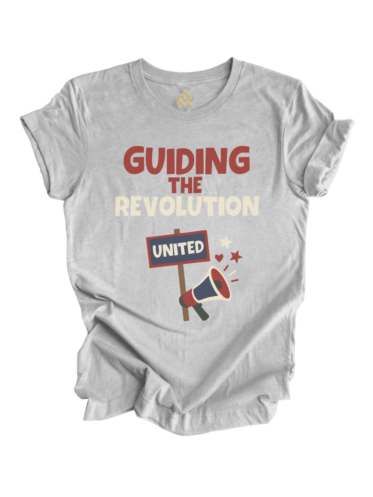 Heather gray adult Juneteenth shirt with “Guiding the Revolution” text and UNITED protest sign; matching kids and baby shirts available