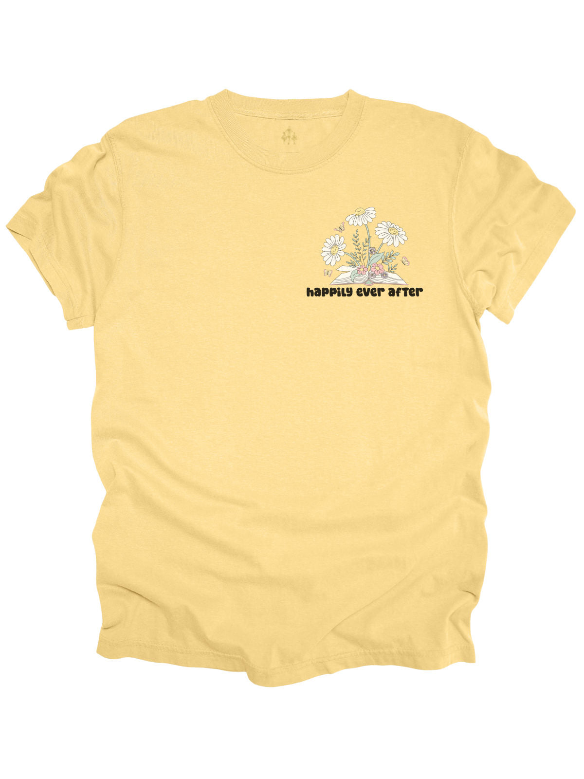 Banana yellow bookish t-shirt with Happily Ever After floral design