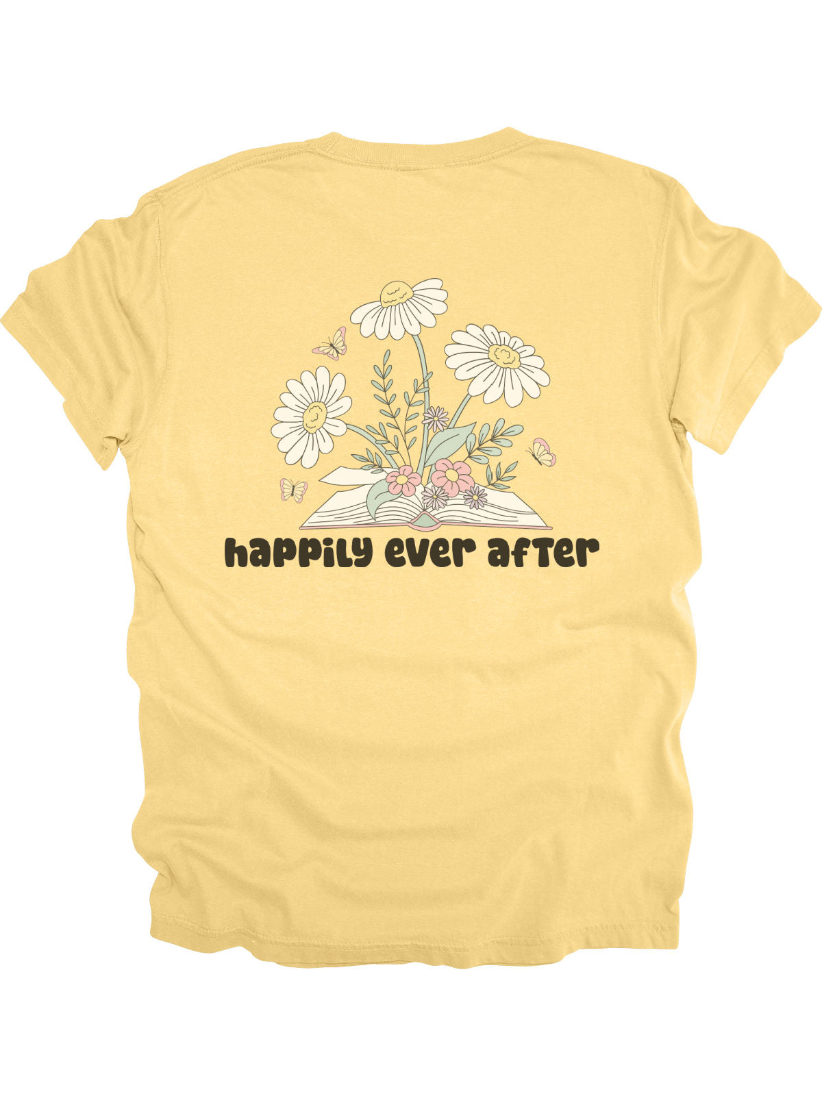 Banana yellow bookish t-shirt with Happily Ever After floral design