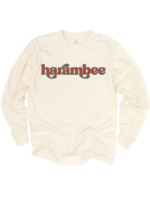 long sleeve natural cream adult t shirt with haramabee wording in red and green retro font