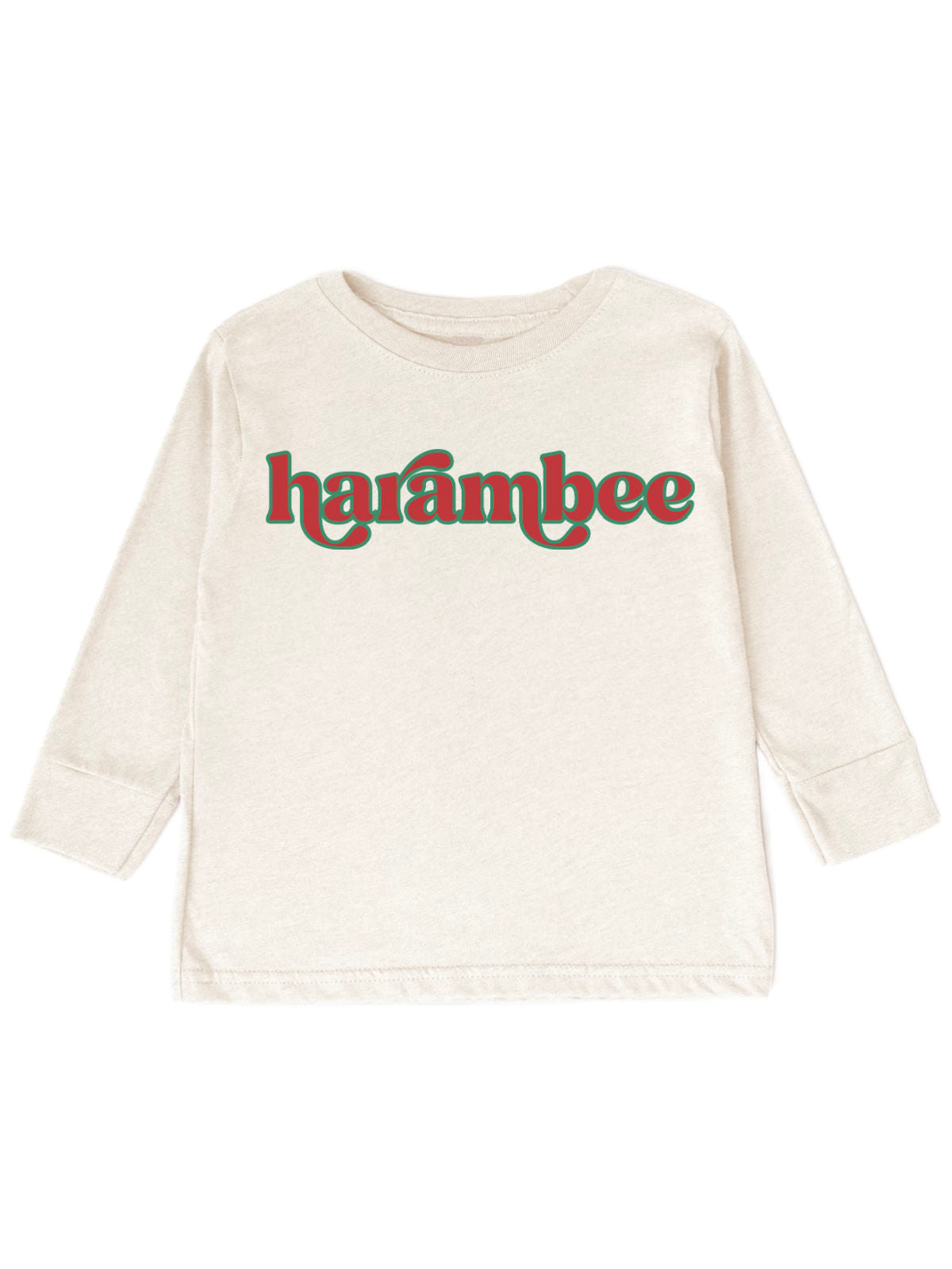 long sleeve natural kids t shirt with harambee red and green design