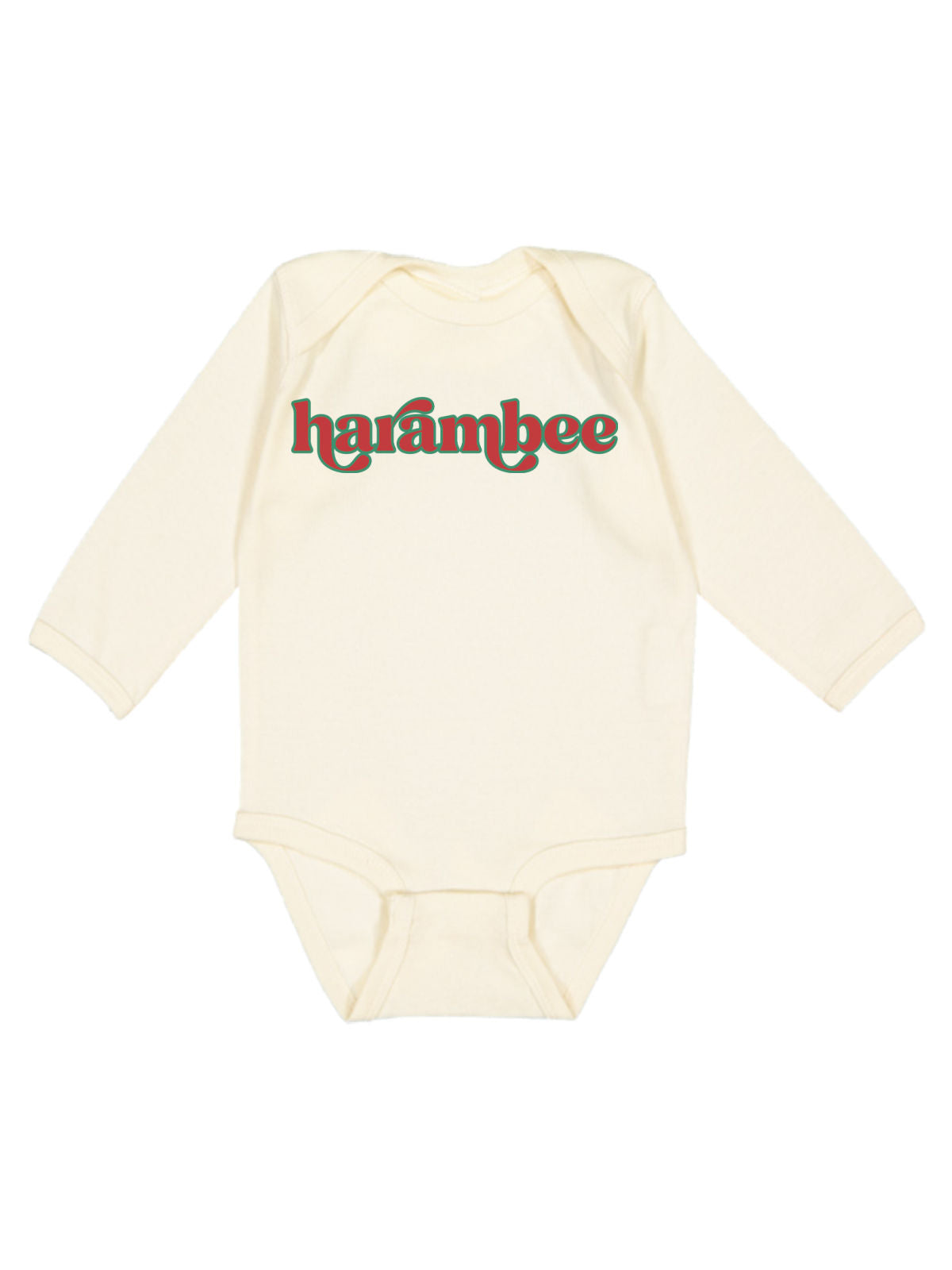 long sleeve natural infant bodysuit that reads Harambee