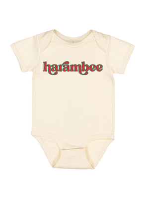 short sleeve natural infant bodysuit that reads Harambee in retro infant