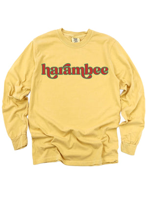 long sleeve yellow gold adult t shirt with harambee wording in retro font