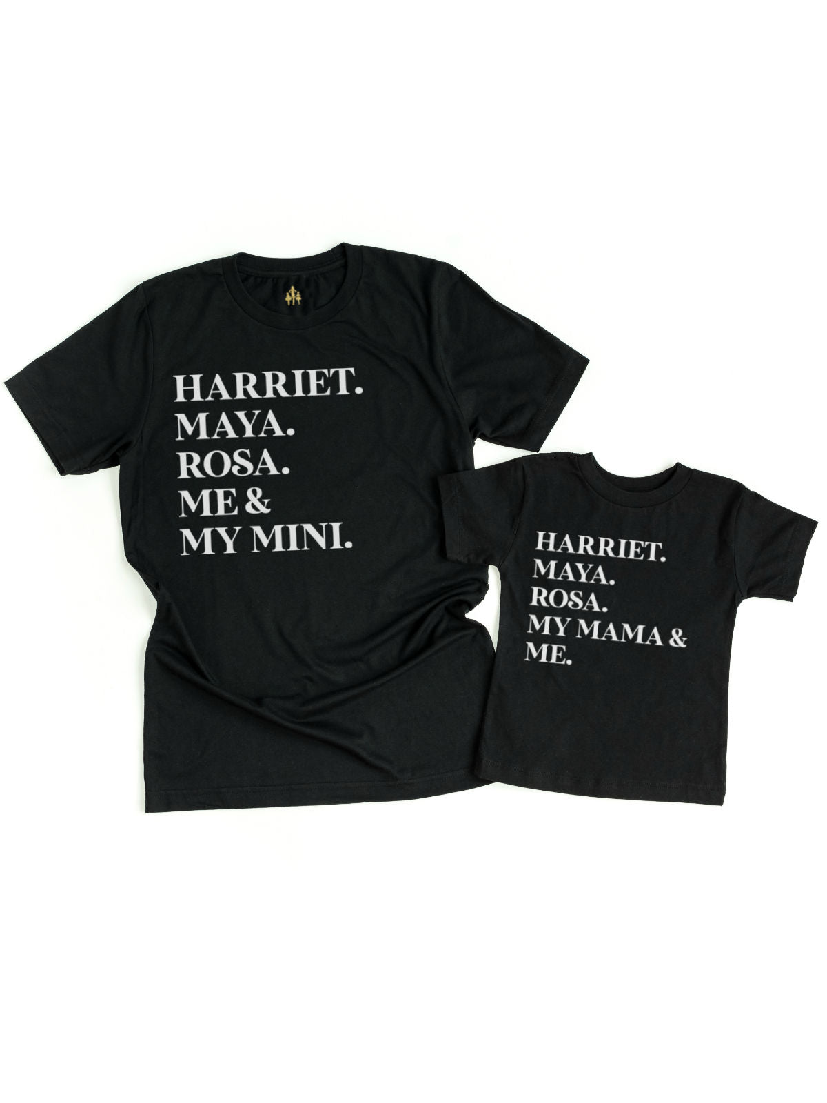 Mommy and Me Black History Month shirts featuring Harriet, Maya, and Rosa