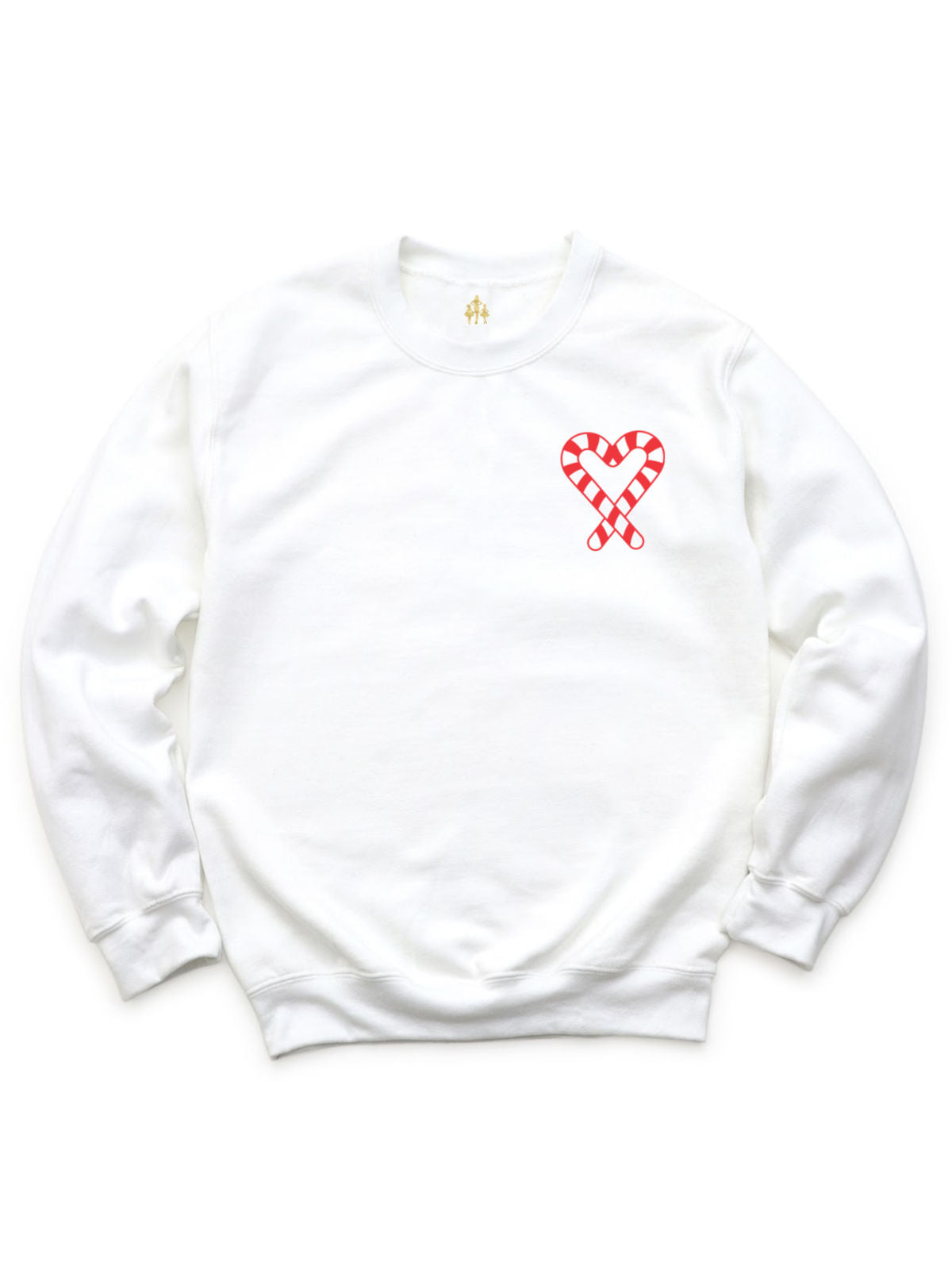 white long sleeve adult sweatshirt with red heart candy cane design