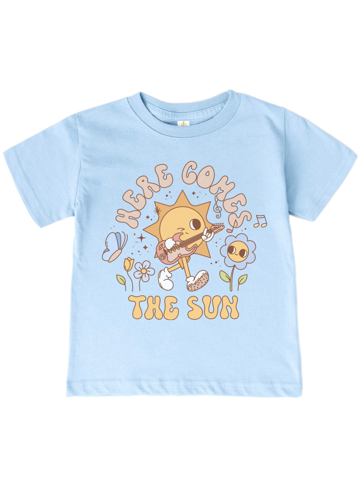 Here Comes the Sun kids Earth Day shirt in sky blue with guitar-playing sun and flowers

