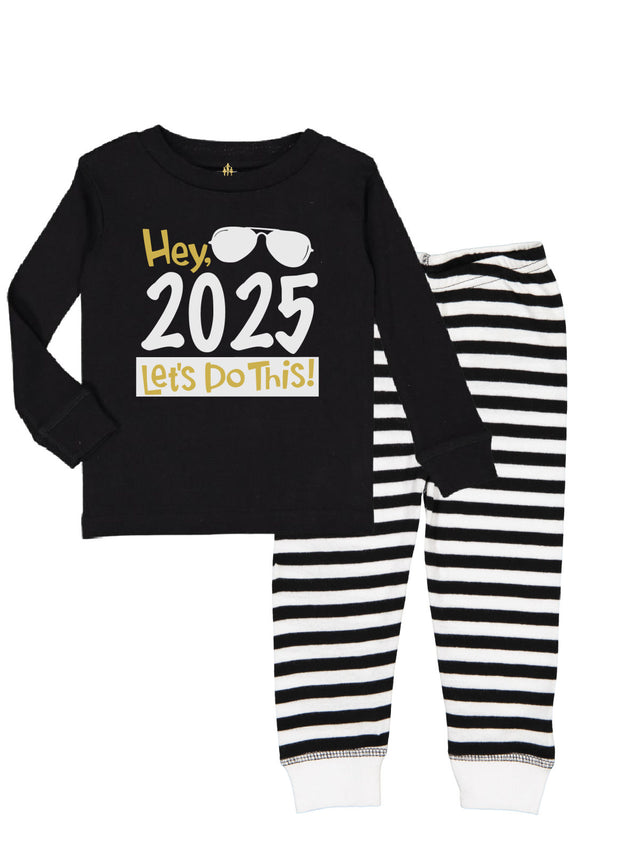 Kids black and white striped pajama set, Hey 2025 let's do this black long sleeve shirt