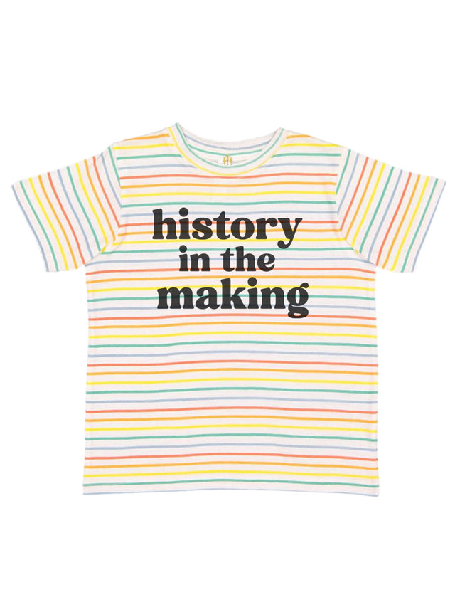 Kids' "History in the Making" shirt with a colorful rainbow stripe pattern and bold black text. A fun and inspiring tee for young changemakers.