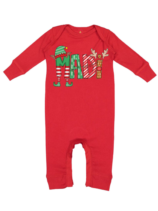 Baby red long sleeve coverall Christmas pajamas with name