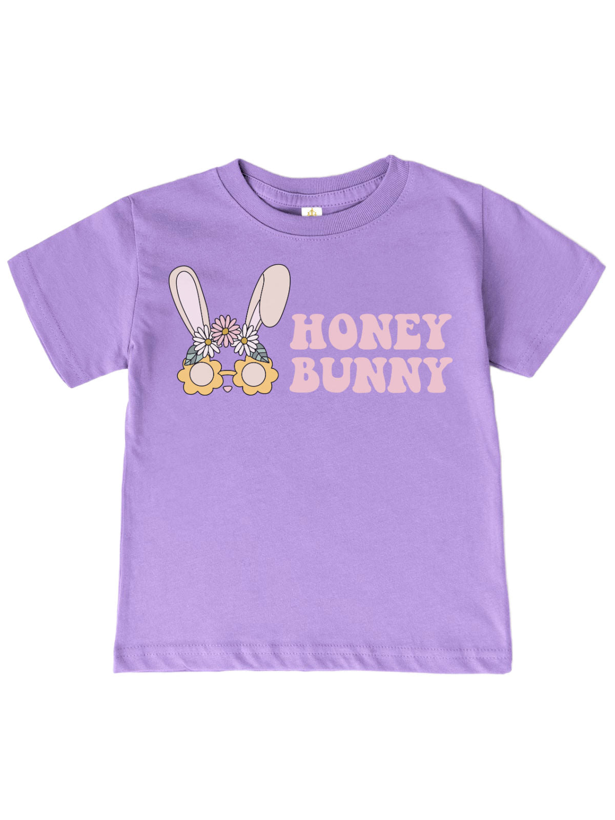 Girls' Easter shirt in honey dew green featuring a cute boho bunny with flower sunglasses and "Honey Bunny" text. Soft cotton, short sleeve, unisex fit.

