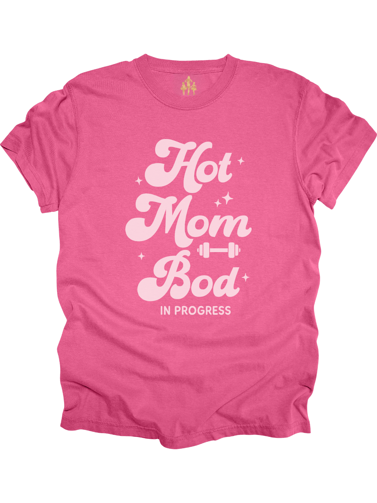 Pink "Hot Mom Bod In Progress" shirt with soft pink lettering and dumbbell graphic