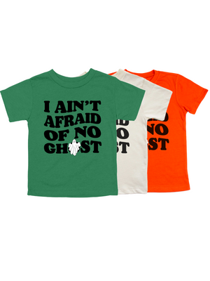 I Ain't Afraid of No Ghost Kids Halloween Shirts in Green, Natural Tan, and Orange