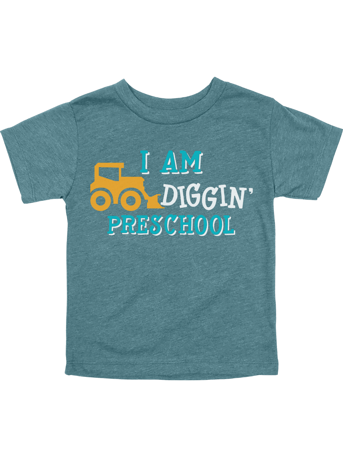 I Am Diggin’ Preschool back-to-school kids shirt in heather teal with yellow bulldozer graphic and playful school-grade design.