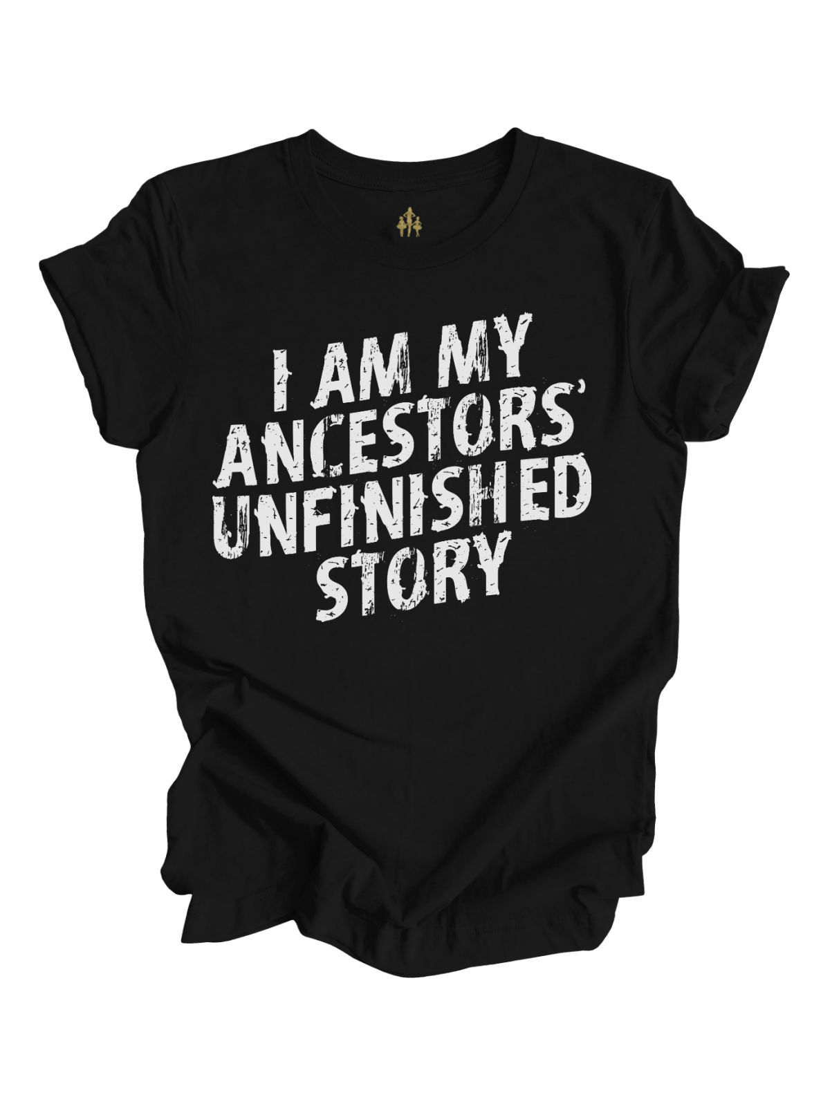 Light gray "I Am My Ancestors' Unfinished Story" t-shirt with bold black and red distressed text, celebrating resilience and legacy.