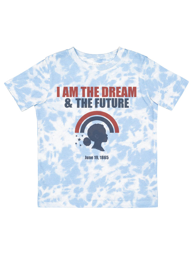 Kids blue tie-dye Juneteenth shirt with the phrase “I Am the Dream & The Future,” featuring a Black girl silhouette, retro rainbow, stars, and the date June 19, 1865.