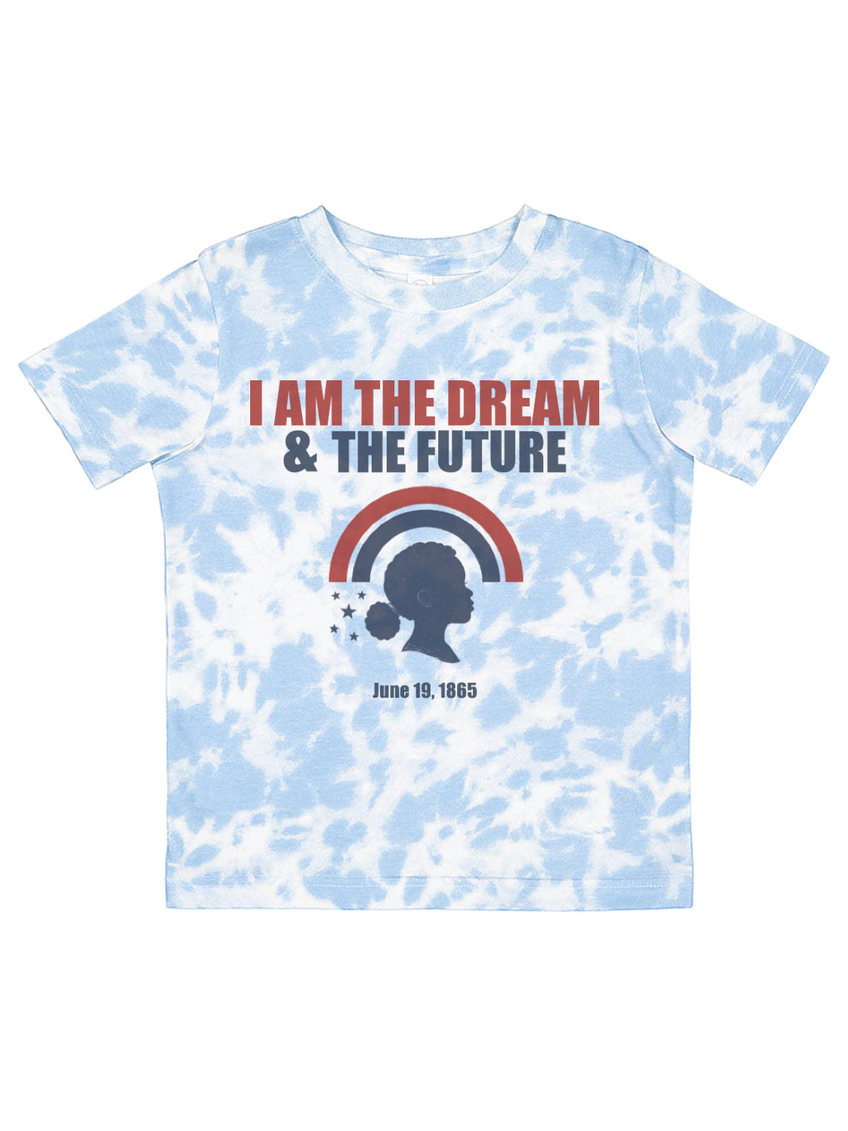 Kids blue tie-dye Juneteenth shirt with the phrase “I Am the Dream & The Future,” featuring a Black girl silhouette, retro rainbow, stars, and the date June 19, 1865.