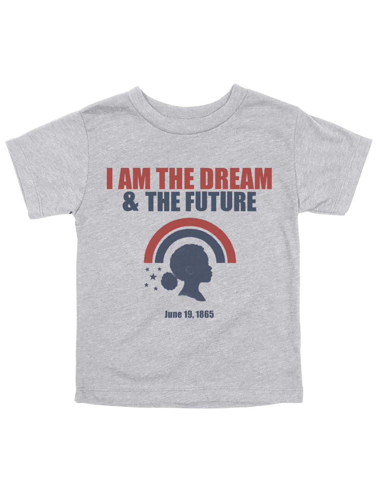 Kids Juneteenth shirt in heather gray with “I Am the Dream & The Future” design and June 19, 1865 text.