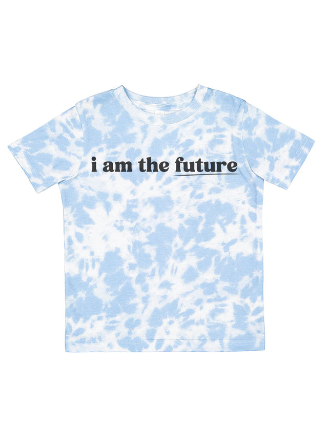 Blue and white tie-dye "I Am the Future" kids’ shirt, featuring bold black text for an empowering look.