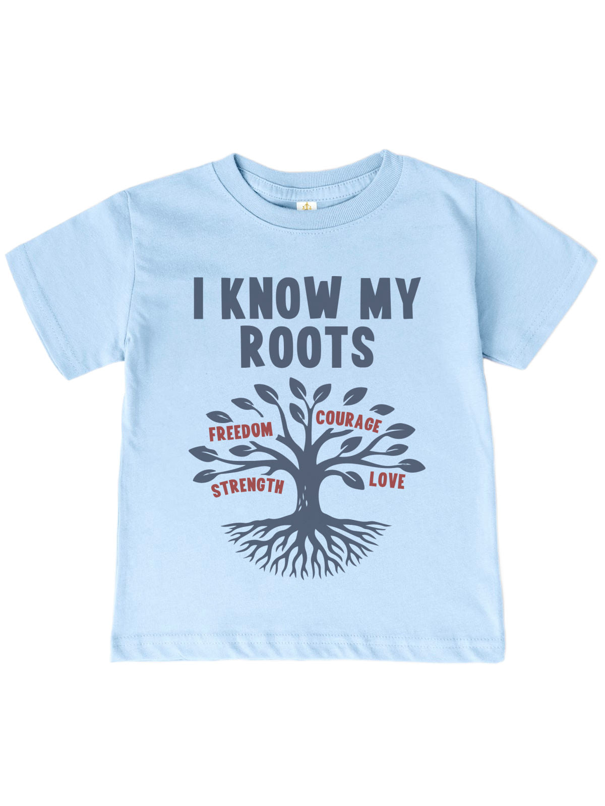 Sky blue kids Juneteenth shirt with tree design and “I Know My Roots” text celebrating Black heritage and values