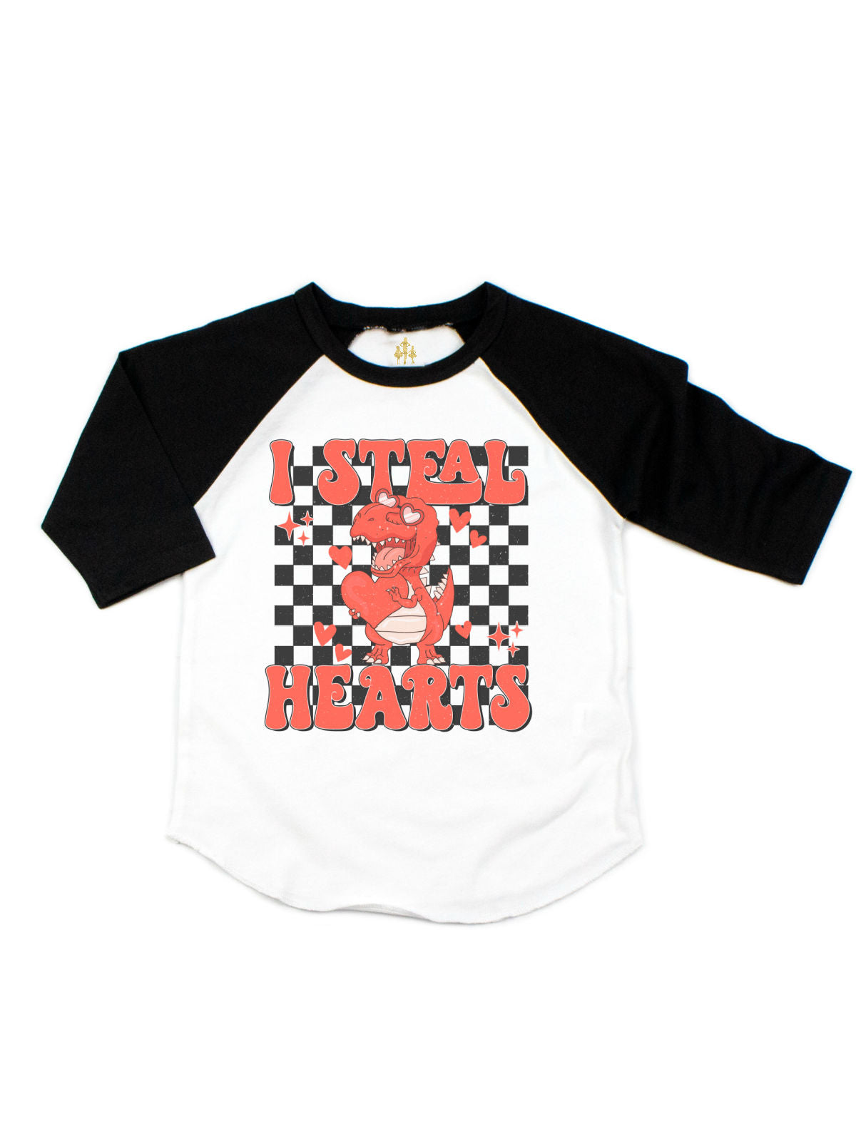 I Steal Hearts Dinosaur Boys Valentine Raglan Shirt with Checkerboard Design