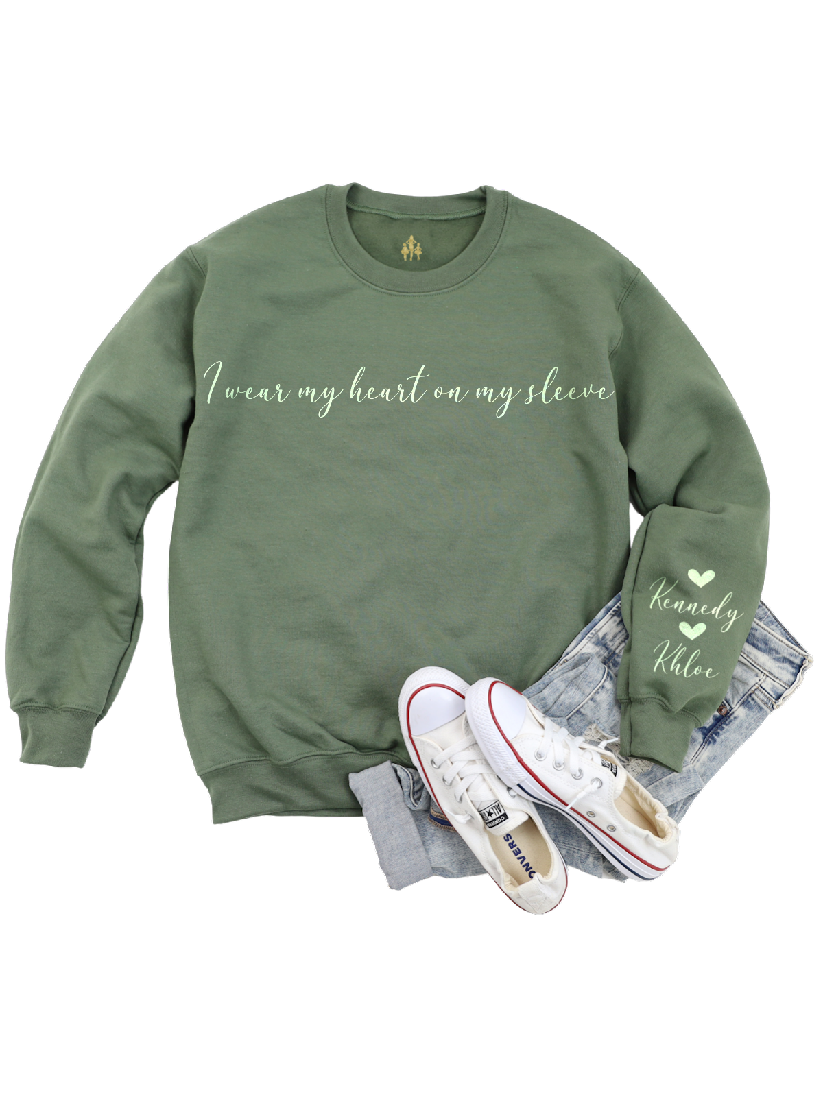 I Wear My Heart On My Sleeve Military Green Mom Sweatshirt