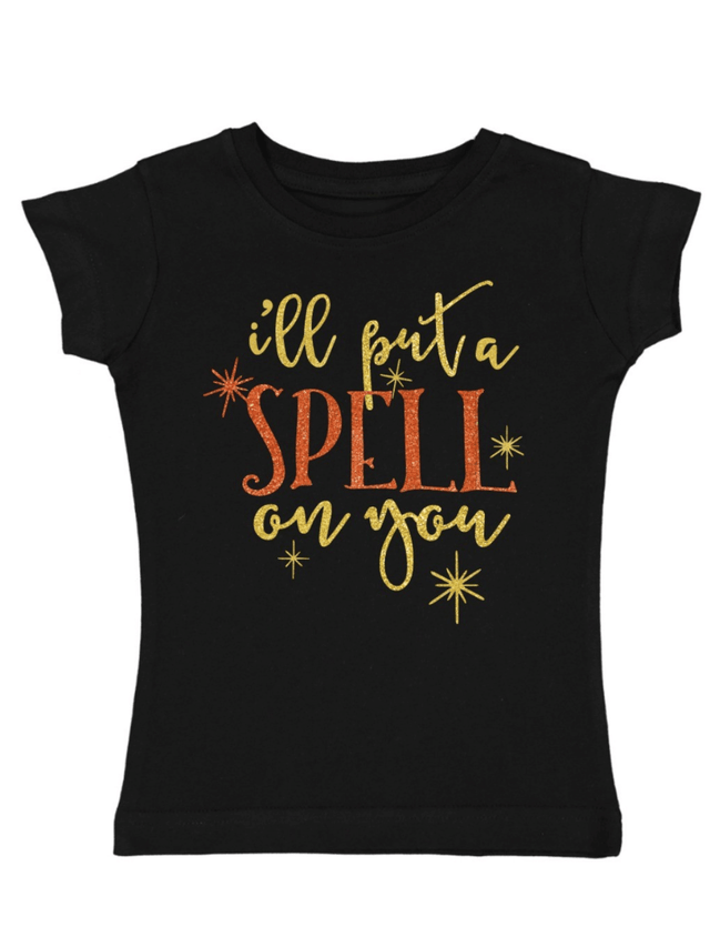 Glittery kids Halloween shirt with stars and spooky text
