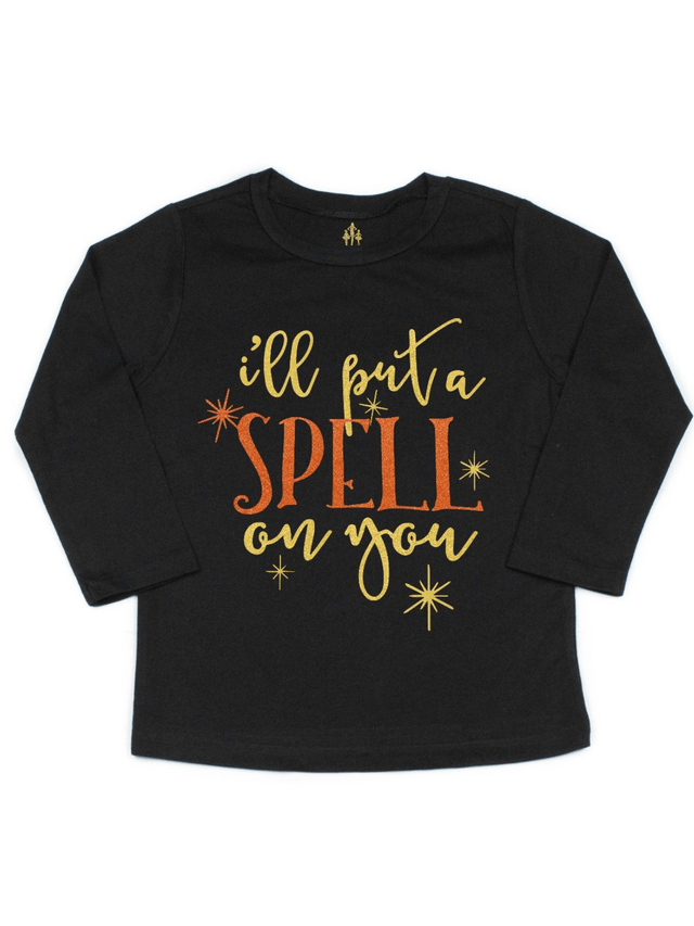 Girls “I’ll Put a Spell on You” long sleeve Halloween shirt in black with glitter text