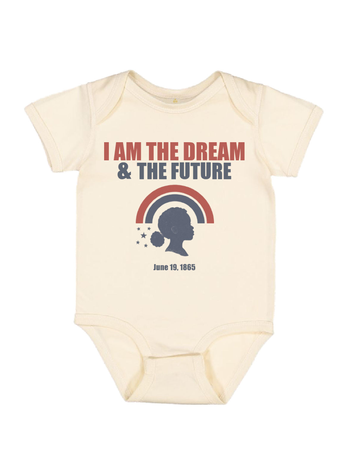 Natural baby bodysuit with “I Am the Dream & The Future” Juneteenth design and silhouette graphic; matching family shirts available